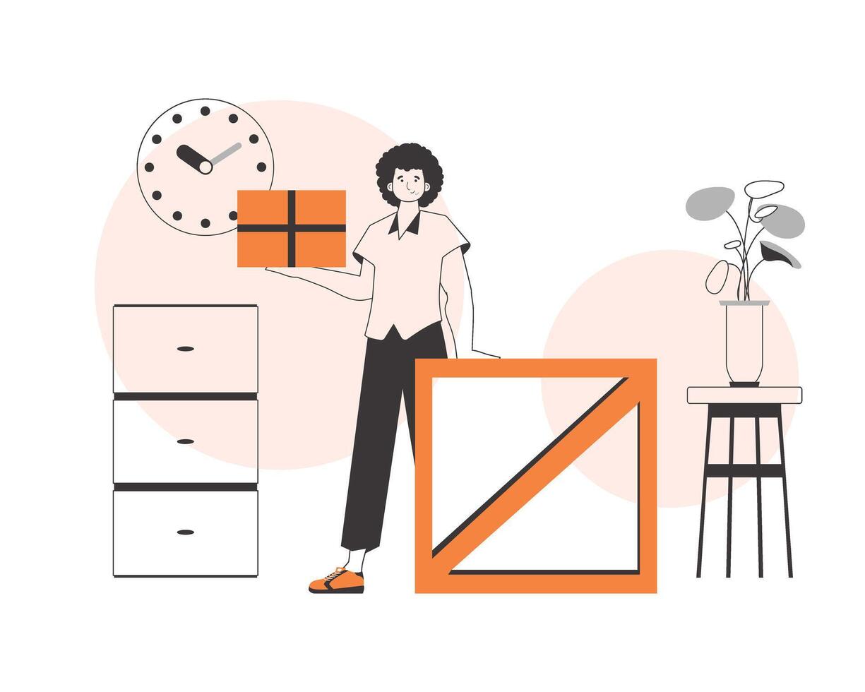 The guy is holding a package. The concept of the delivery of goods and parcels. Linear trendy style. vector