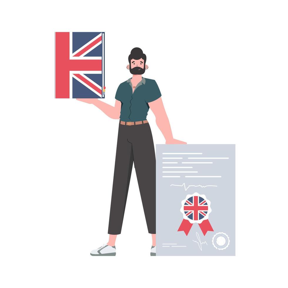 A man holds an English dictionary and a certificate in his hands. The concept of teaching English. Isolated. trendy style. illustration. vector