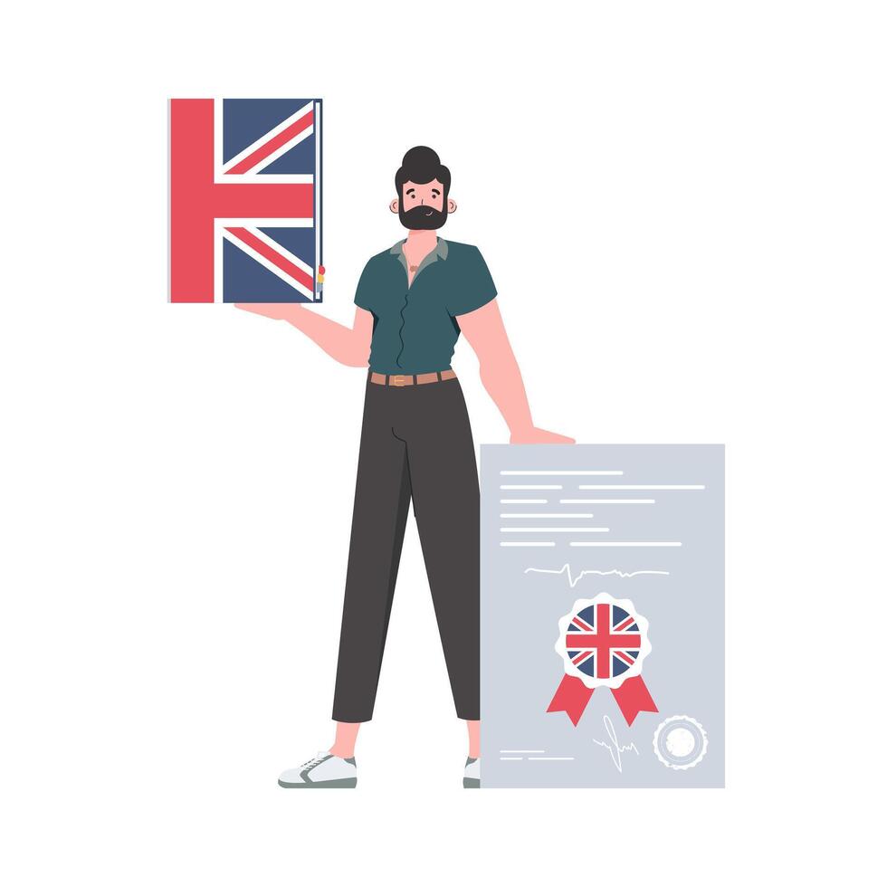 un hombre sostiene un Inglés diccionario y un certificado en su manos. el concepto de enseñando inglés. aislado. de moda estilo. vector ilustración.