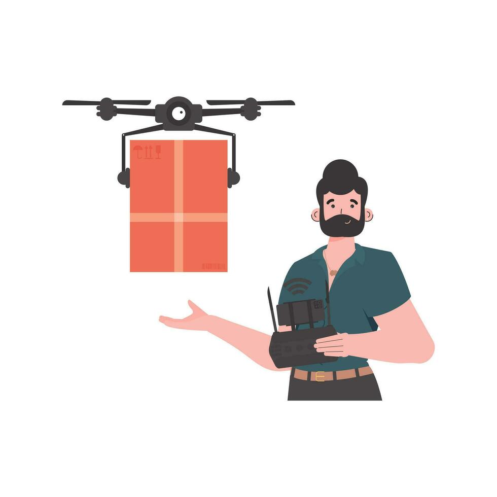 The theme of cargo delivery by air. A man controls a drone with a package. Isolated on white background. Flat modern design. Vector. vector