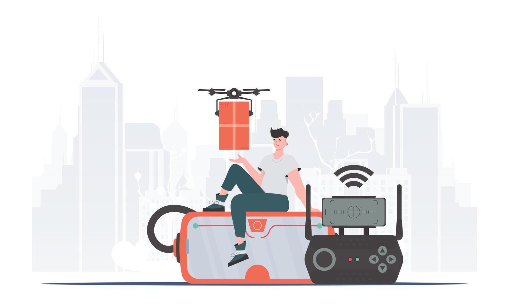 A man controls a drone with a package. The concept of cargo delivery by air. . vector
