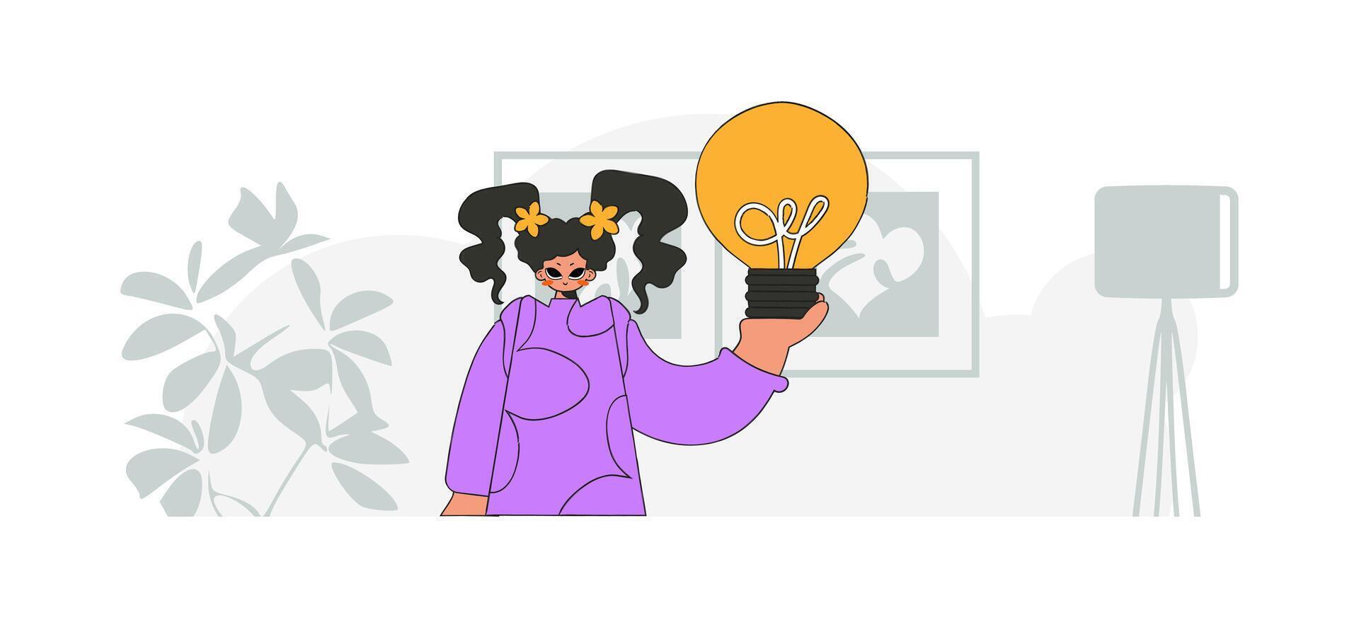 An elegant girl holds a light bulb in her hands. Idea theme. Retro trendy style. vector