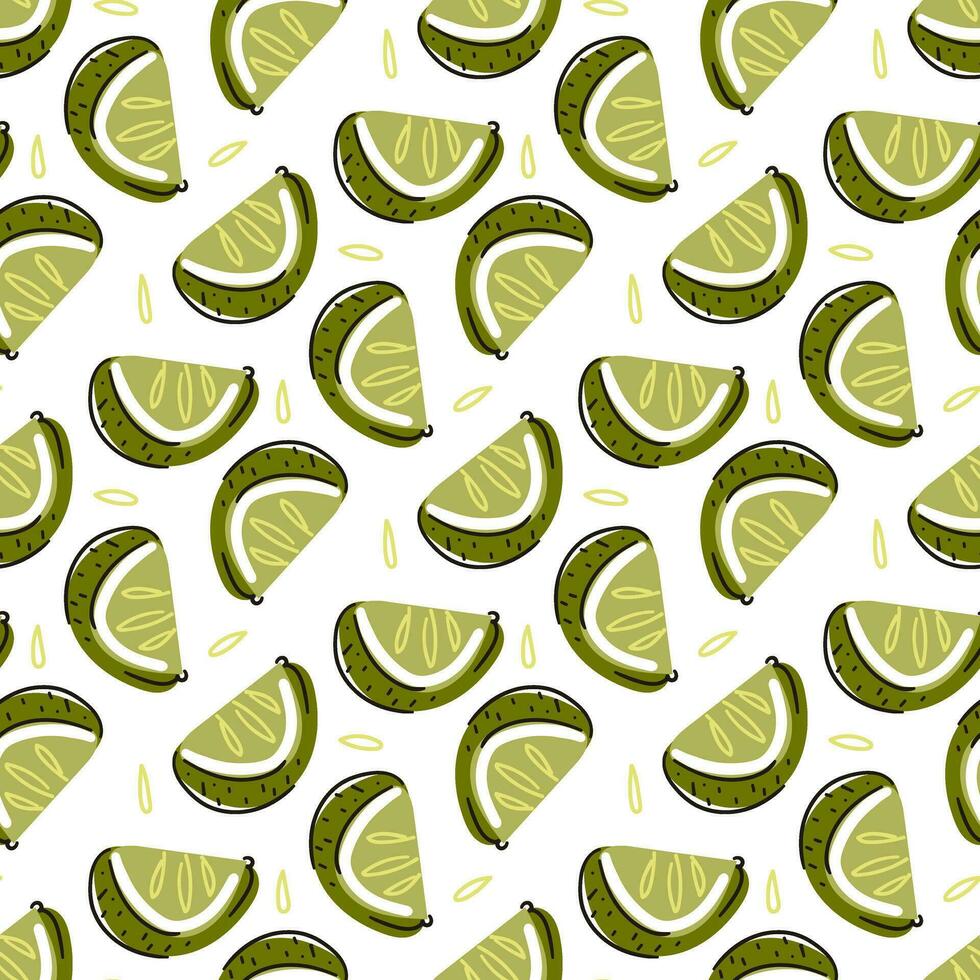 Fruit pattern of lime slices highlighted on a white background. View from above. Vector flat illustration of symmetrically decomposed pieces of green citrus. Printing for packaging