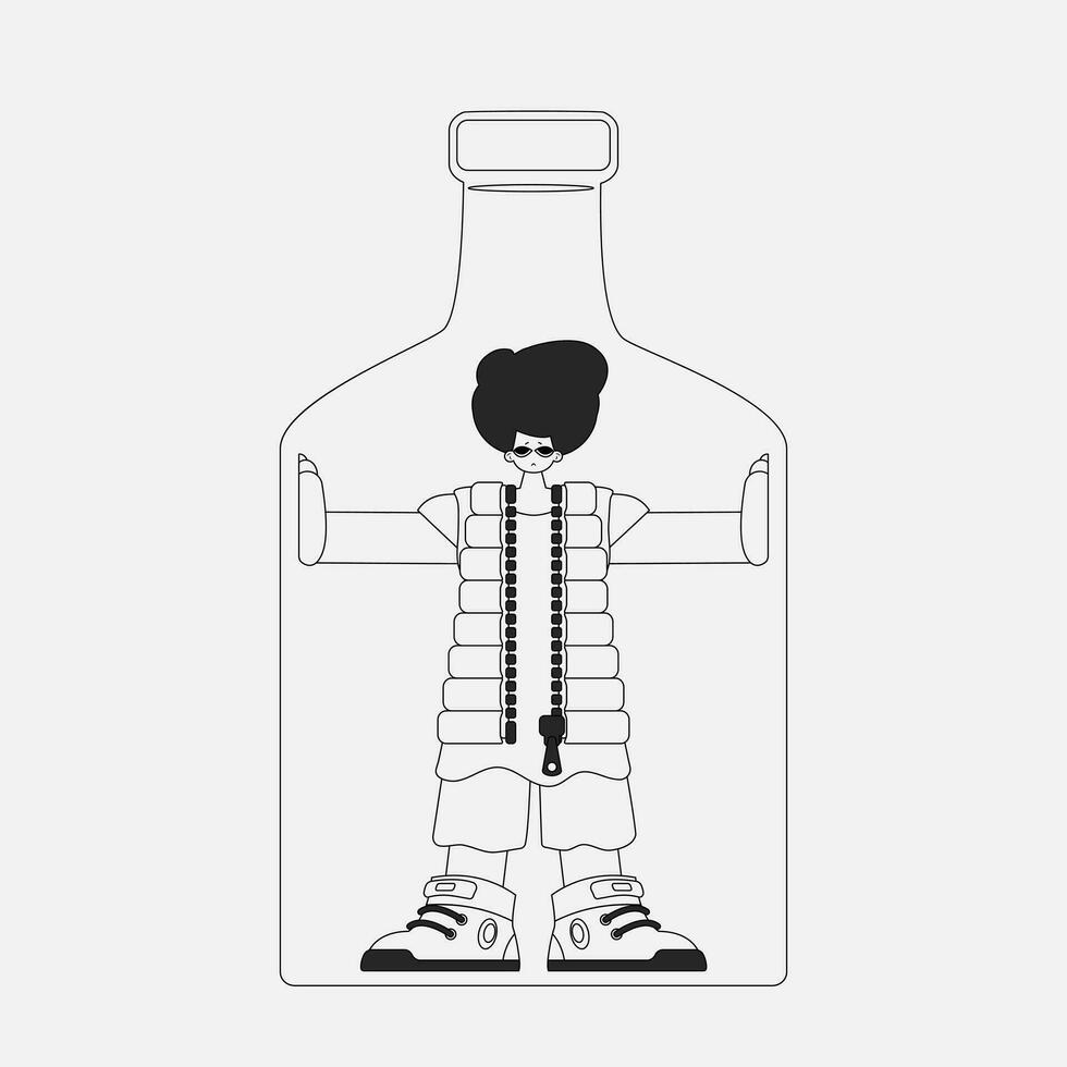 Alcohol addiction. charming guy is in the bottle. Linear black and white style. vector