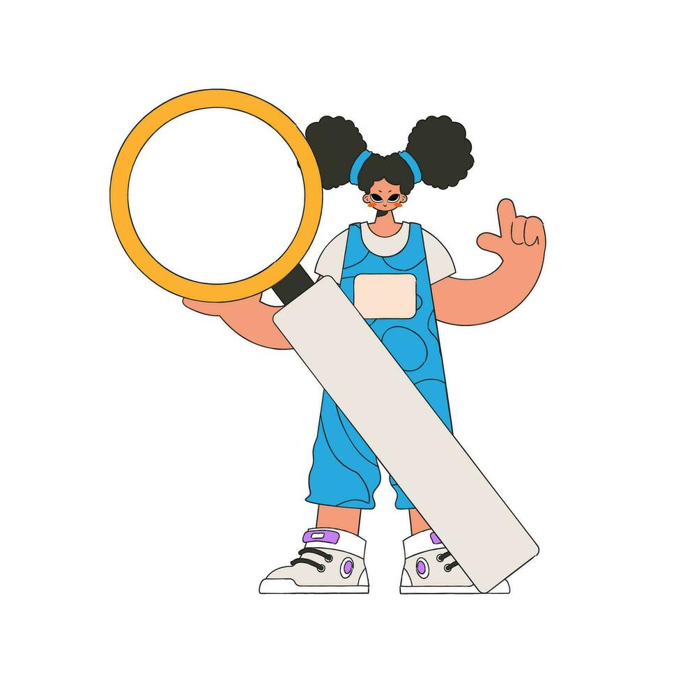 The girl is holding a magnifying glass. Search for the necessary information on the Internet. Linear retro style character. vector