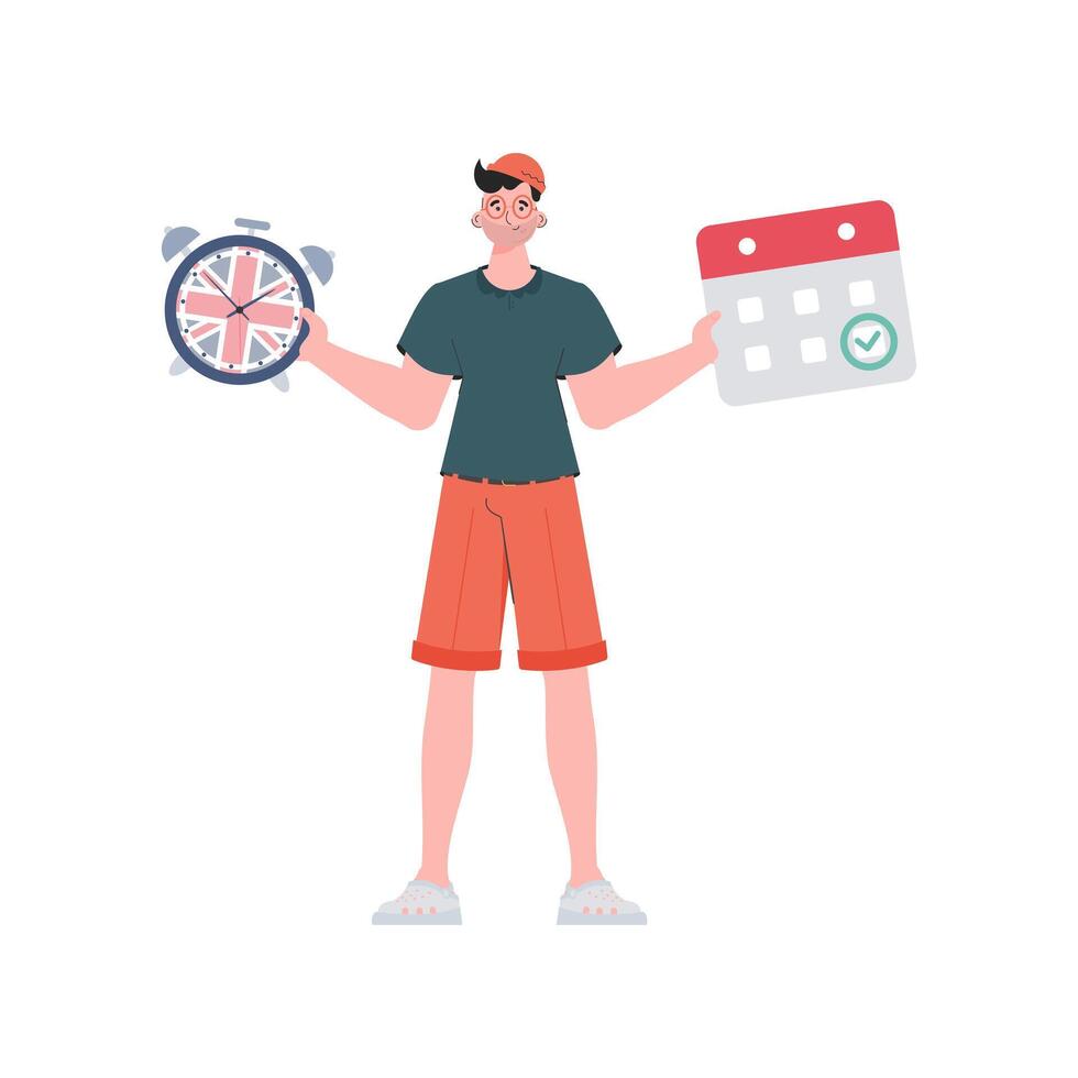 Male teacher shows that it's time to learn English. The concept of learning English. Isolated. Trendy flat style. . vector