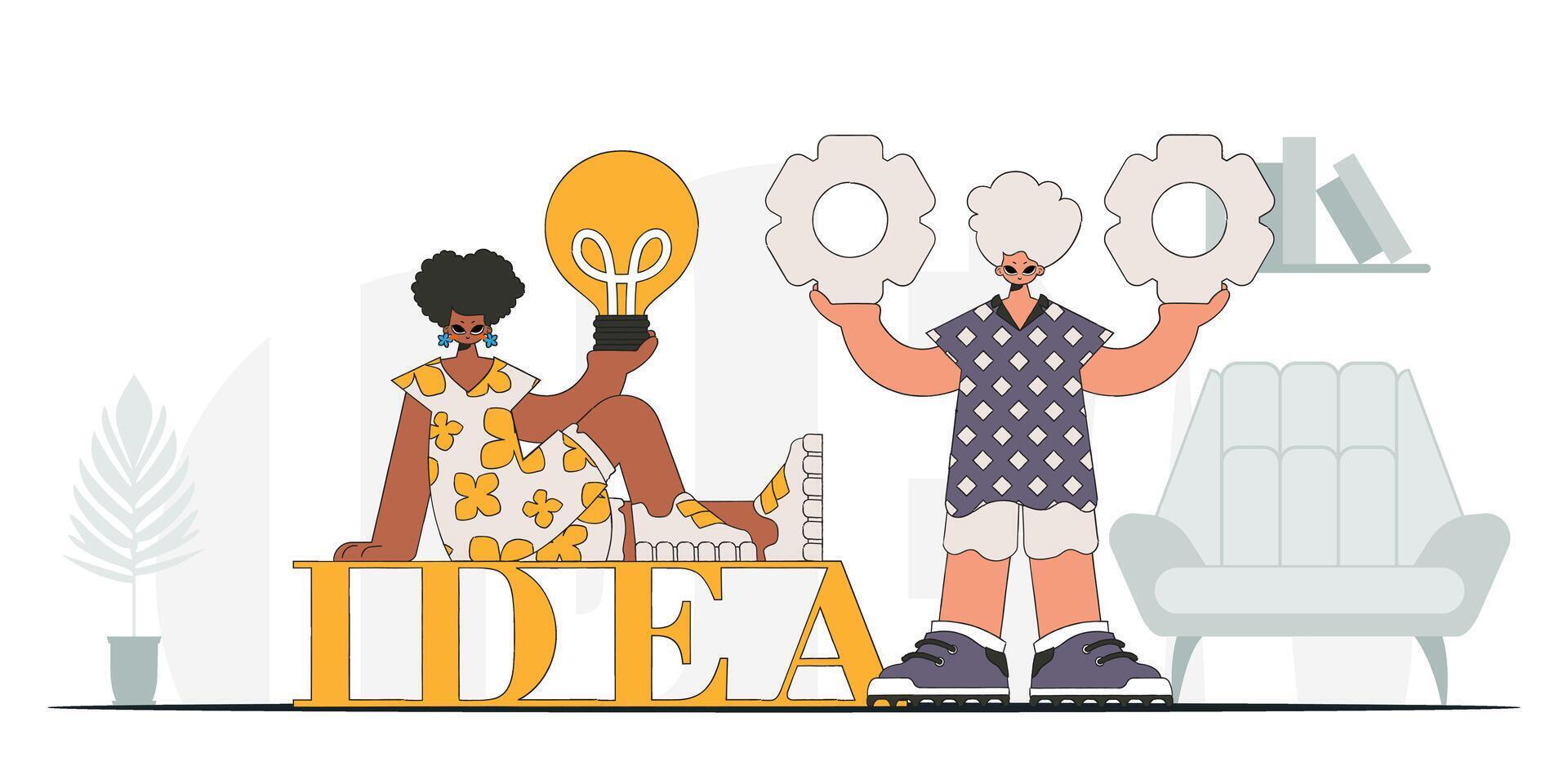 A chic team generates ideas and solves problems. Light bulb and gears in their hands. Idea concept. trendy character. vector