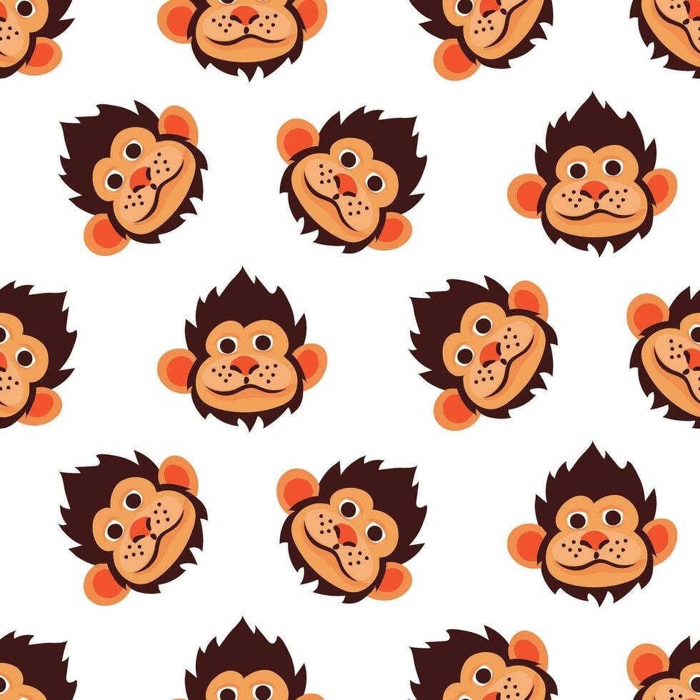 Seamless pattern with funny monkey face. Vector illustration of a tropical animal on a white background. Children's cartoon illustration for printing on textiles and paper