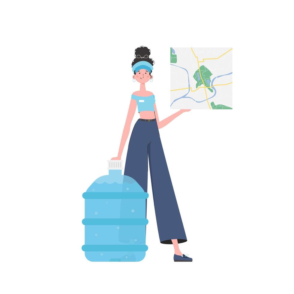 Water delivery concept. The girl is holding a map. The character is depicted in full growth. Isolated. . vector