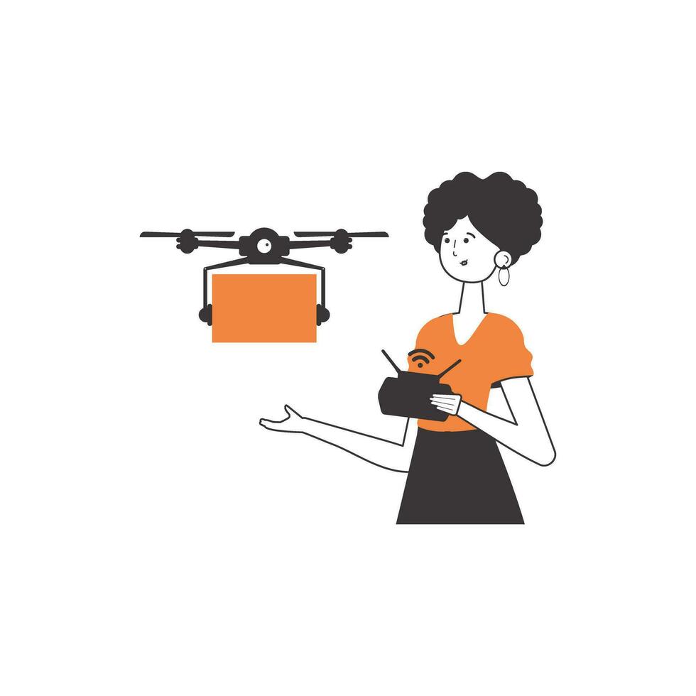 The girl delivers the package by drone. Air delivery concept. Linear trendy style. Isolated on white background. Vector illustration.