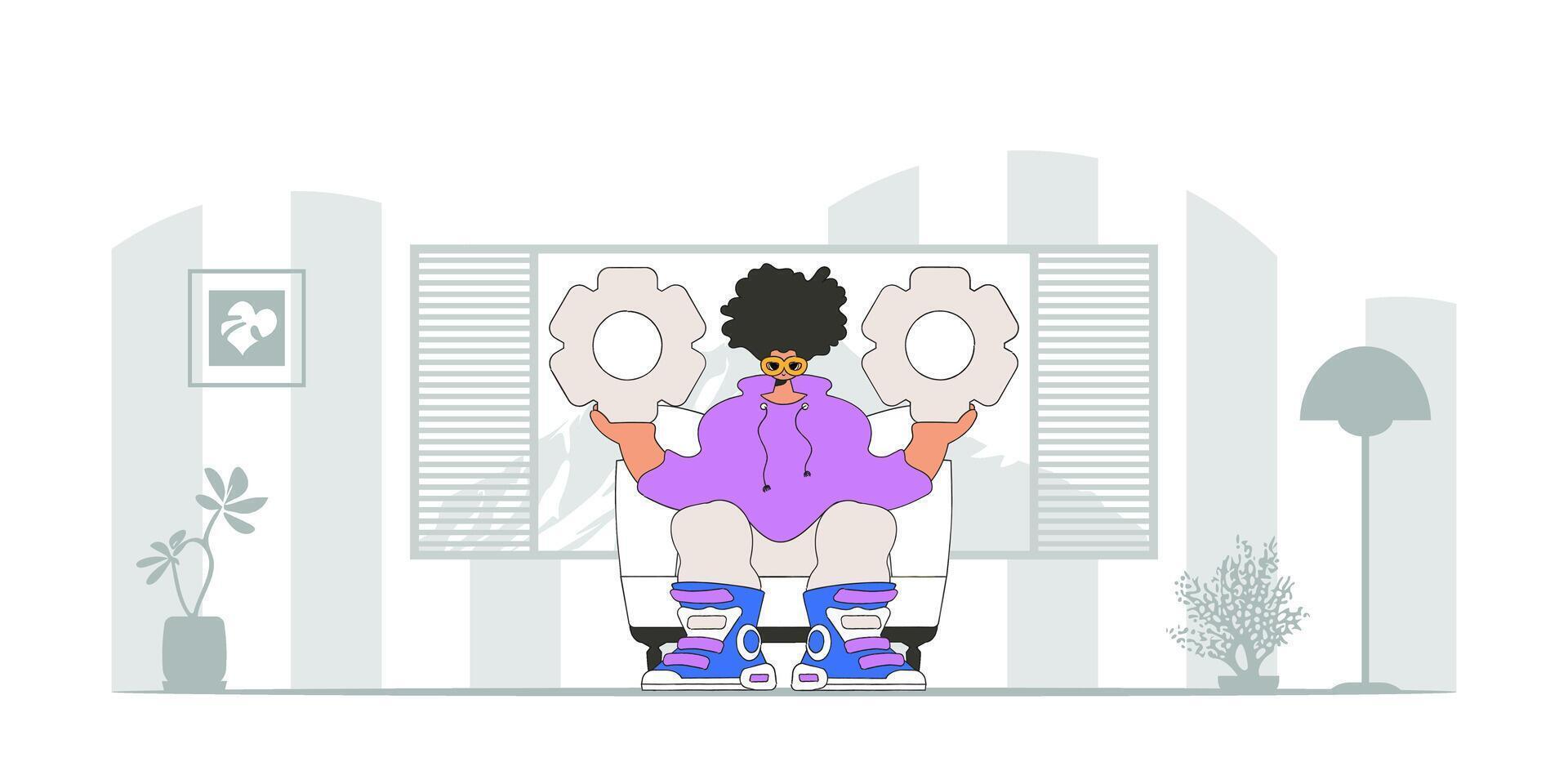 Sophisticated guy holding gears. Illustration on the theme of the appearance of an idea. vector