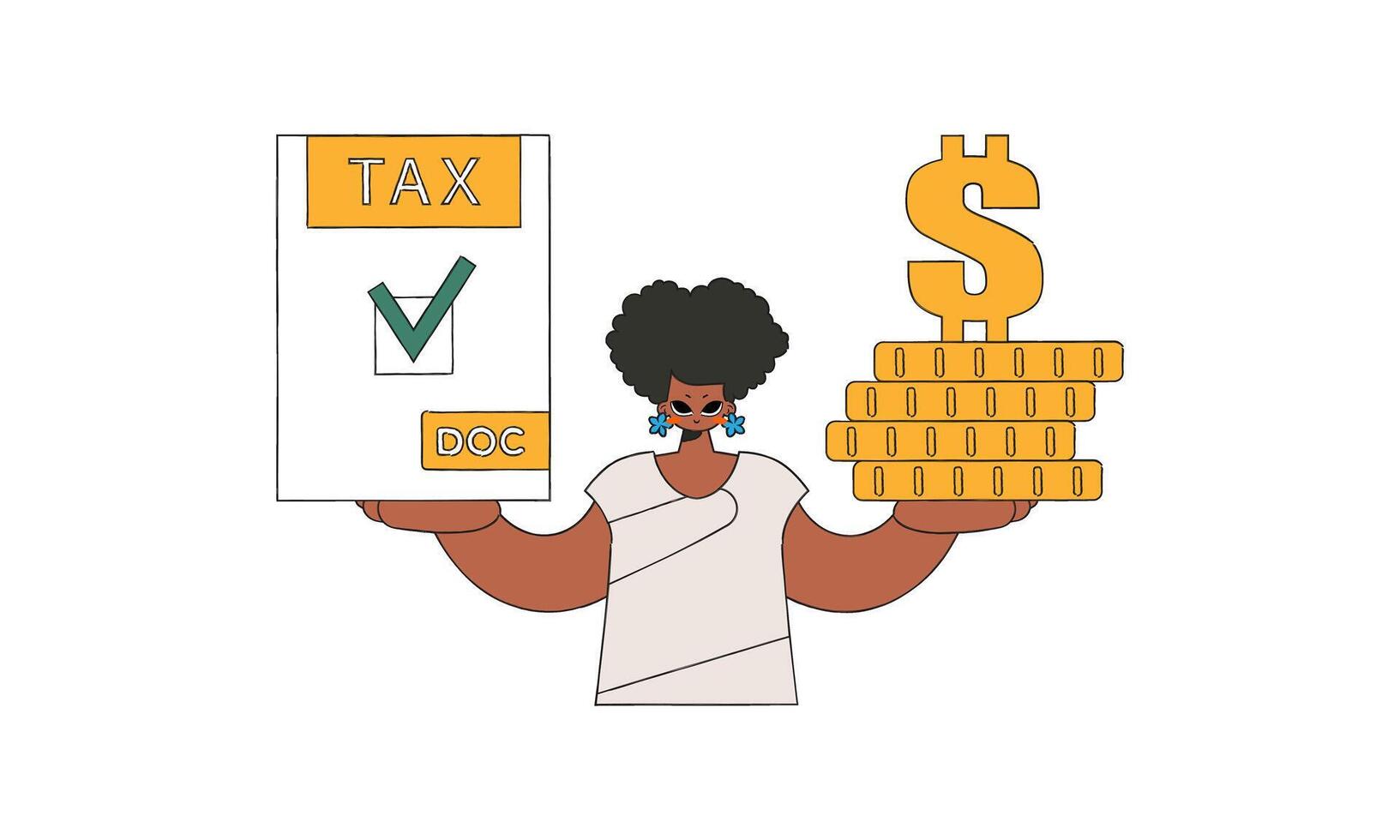 A cultured girl is holding a tax form and coins in her hands. The topic of paying taxes. vector