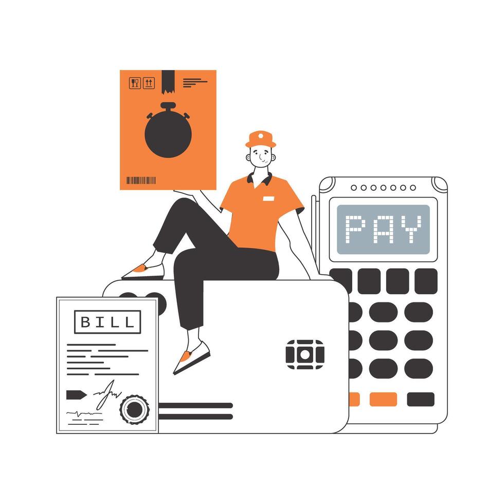 A man sits on a bank card and holds a parcel. The concept of the delivery of goods and parcels. Linear trendy style. Isolated on white background. illustration. vector
