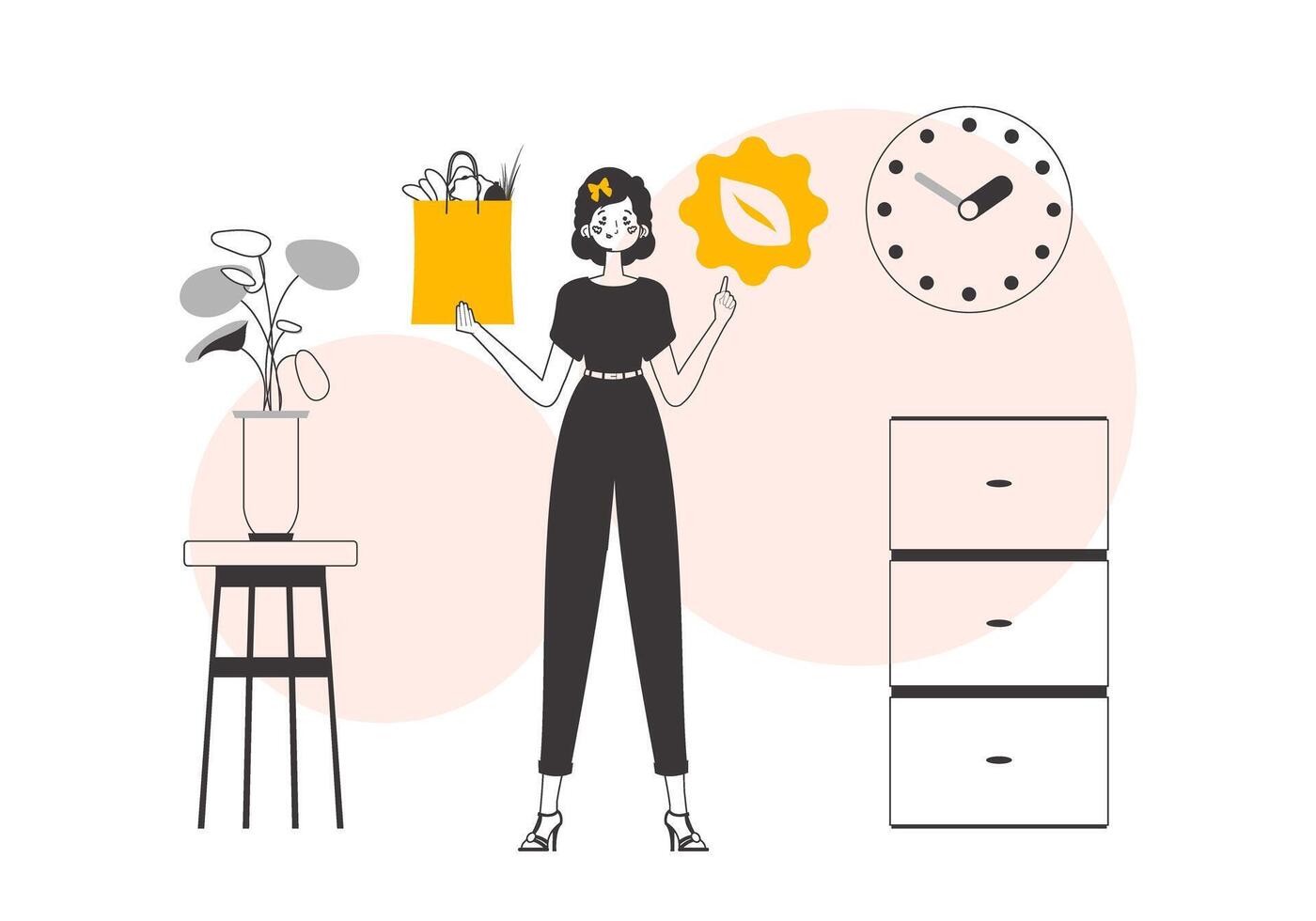 The concept of ecological products. Woman, package with products and eco logo. Lineart trendy style. vector