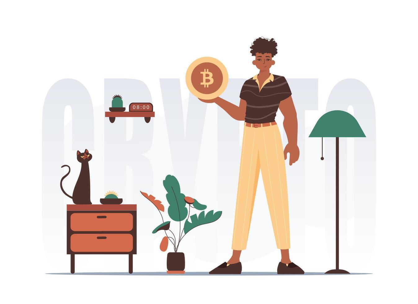 Cryptocurrency concept. A man holds a bitcoin coin in his hands. Character with a modern style. vector