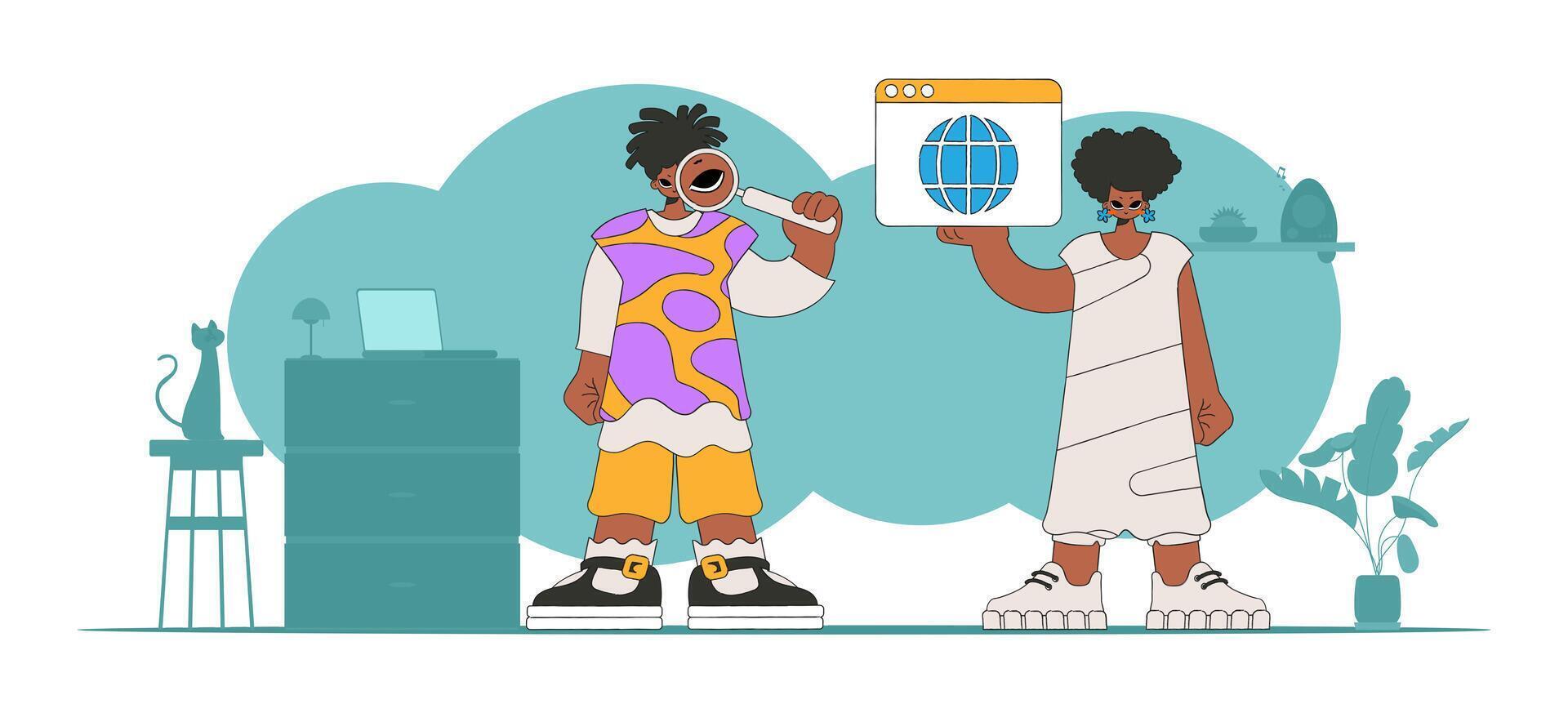 A bright and stylish illustration of a guy and a girl looking for information. Bright trend character. Perfect for adding a modern and tech touch to your project. vector