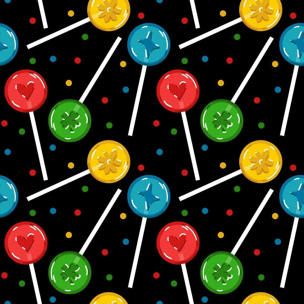 Seamless lollipop pattern on a candy stick, hand-drawn vector illustration with flat colored candies. Sweets with different images and flavors Lemon, cherry, apple, blueberry on a black background