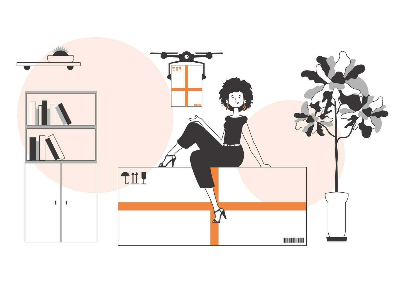 The girl sends a parcel with a drone. Drone delivery concept. Linear modern style. vector