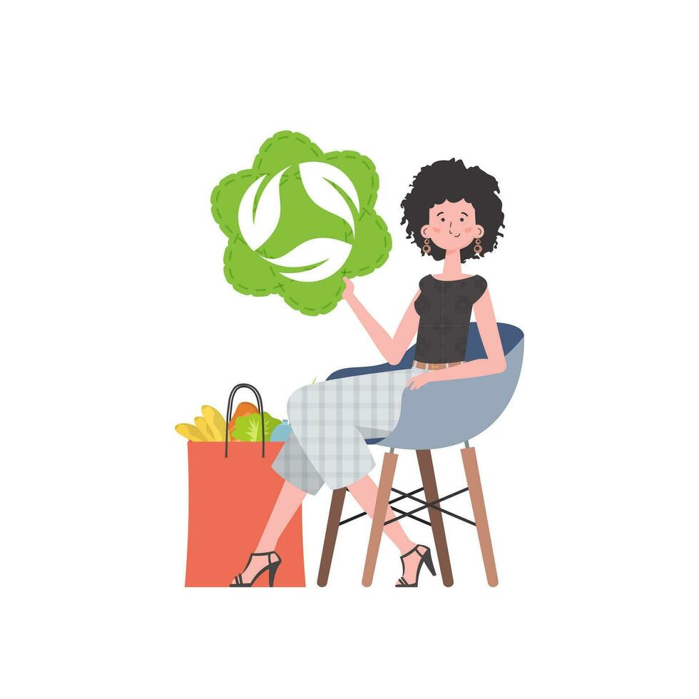 A girl sits next to a bag of healthy food and redirects the EKO icon. Isolated. Trend vector illustration.