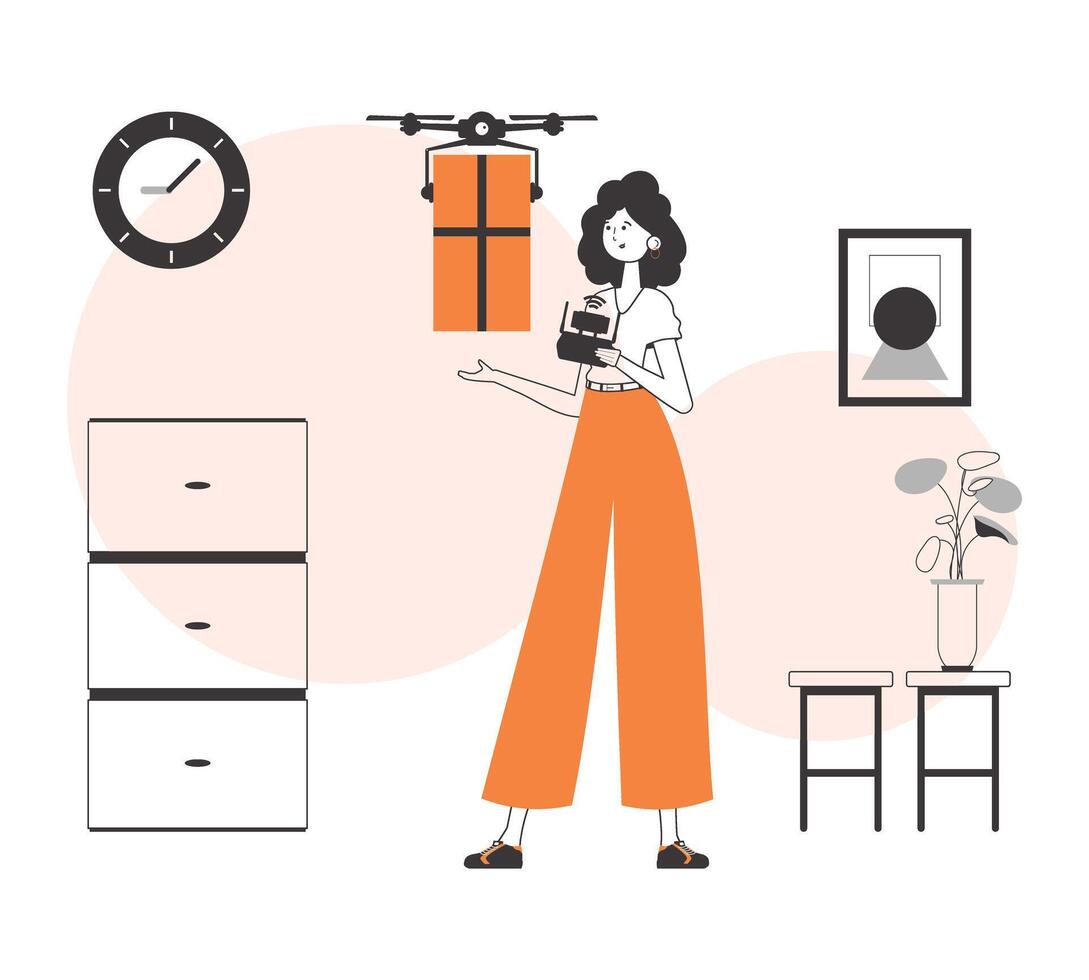 A woman delivers a package with a drone. The concept of cargo delivery by air. Linear modern style. vector