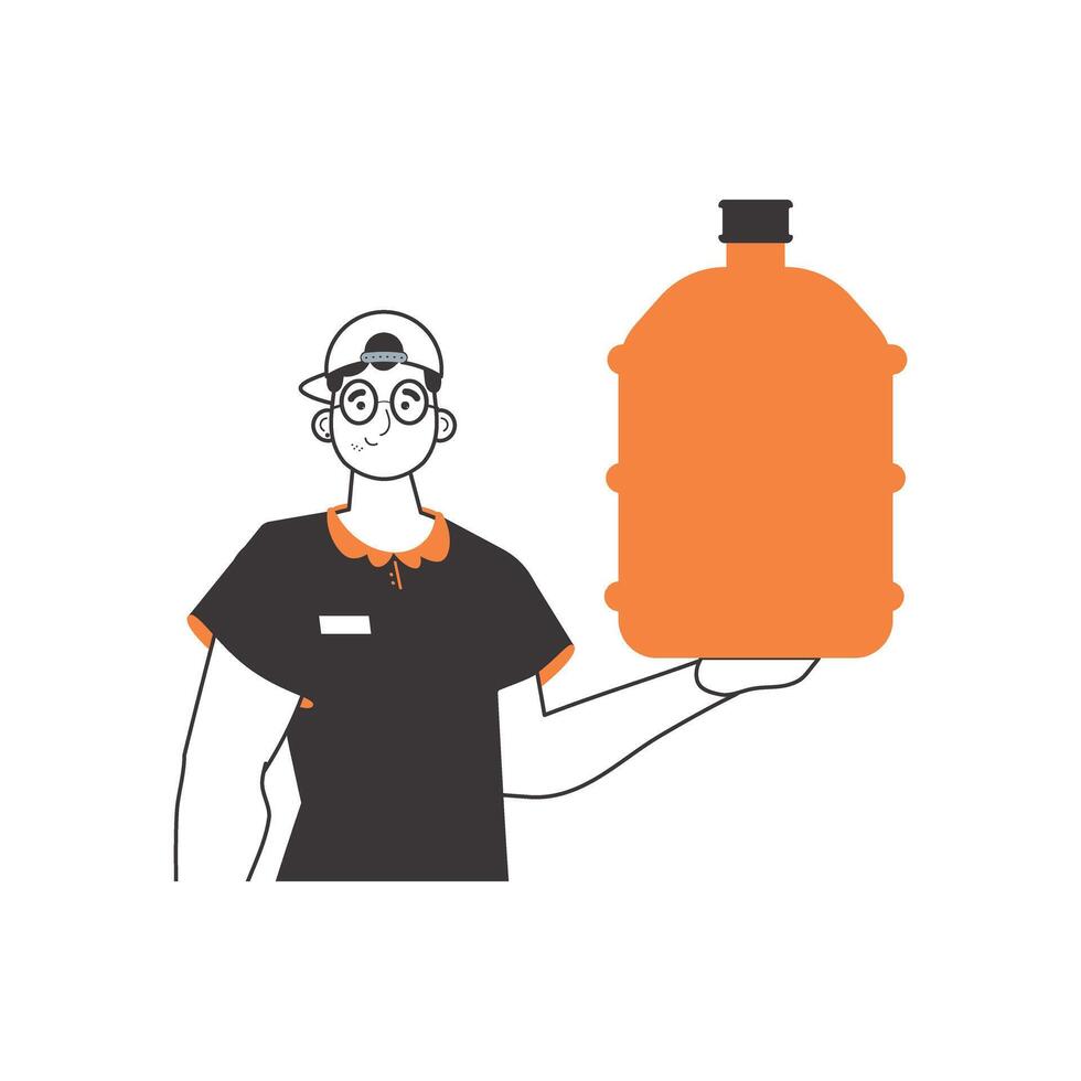 Water delivery concept. Deliveryman. holding a bottle of water in his hands. Linear style. vector