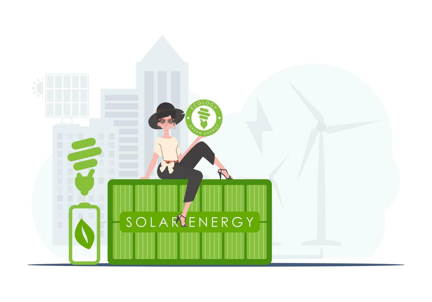 el concepto de ecología y verde energía. el niña se sienta en el solar panel y sostiene el eco logo en su manos. de moda, de moda estilo. vector. vector