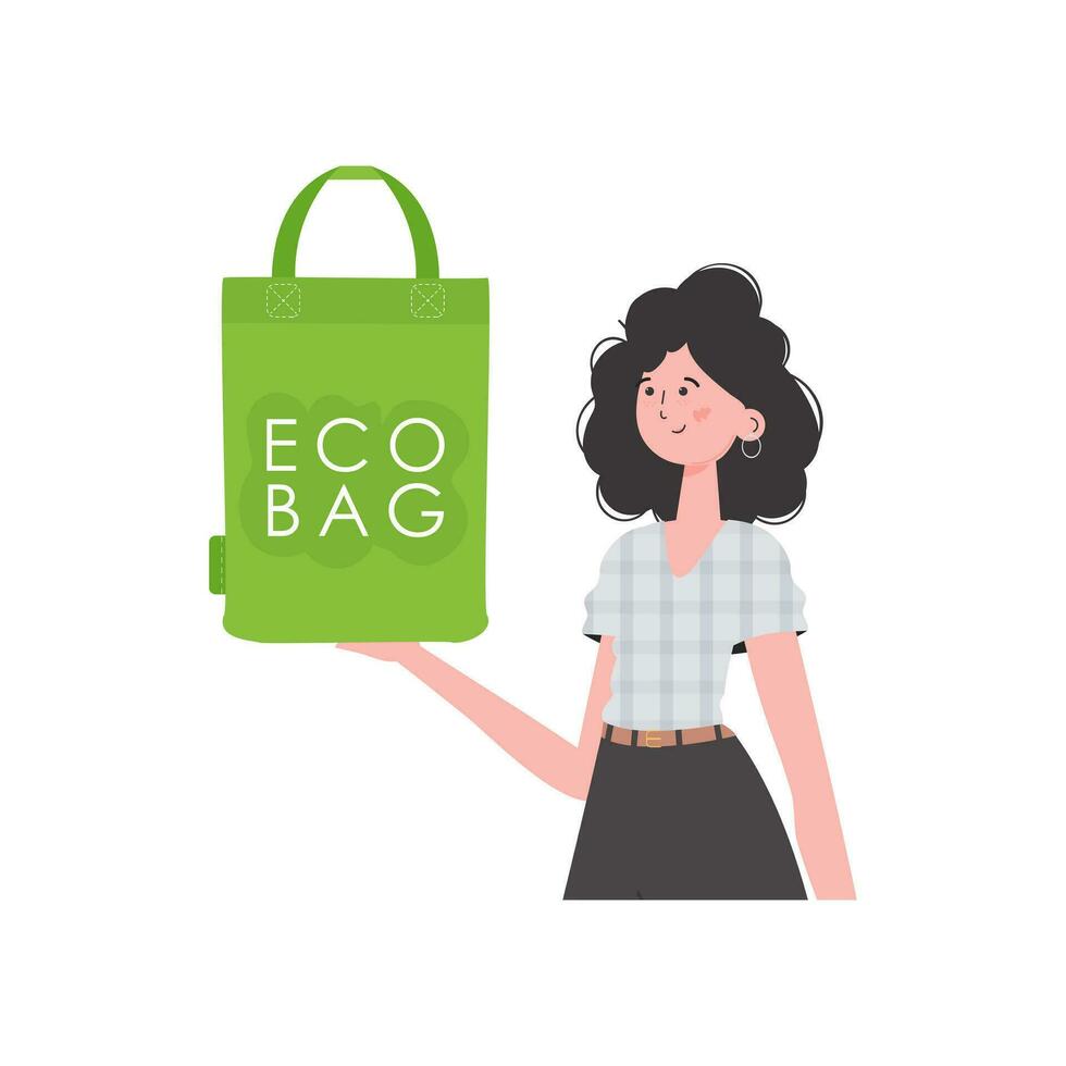 un mujer sostiene un eco bolso en su manos. concepto de verde mundo y ecología. aislado en blanco antecedentes. tendencia estilo.vector ilustración. vector