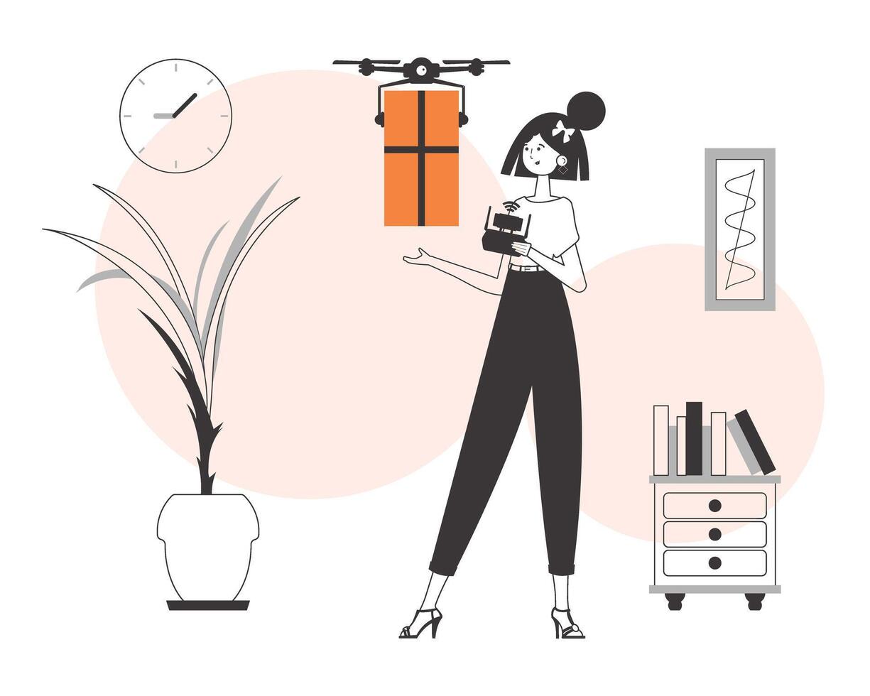 A woman delivers a package with a drone. The concept of cargo delivery by air. Linear style. vector