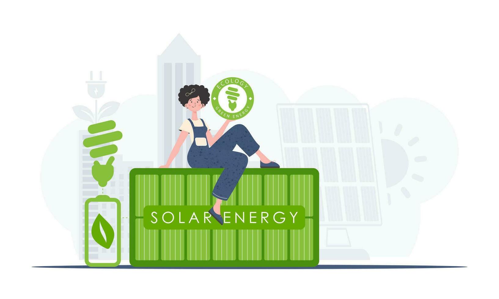 The concept of ecology and green energy. A woman sits on a solar panel and holds the ECO logo in her hands. Vector trend illustration.