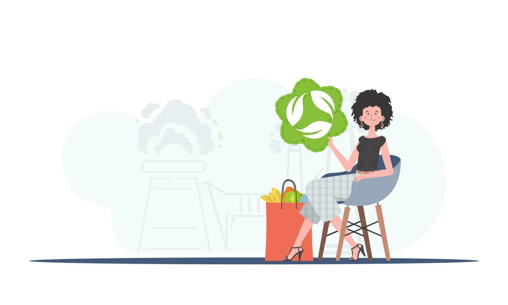 The girl is sitting next to a package with healthy food and holding an EKO icon. Healthy food, ecology, recycling and zero waste concept. Trend vector illustration.