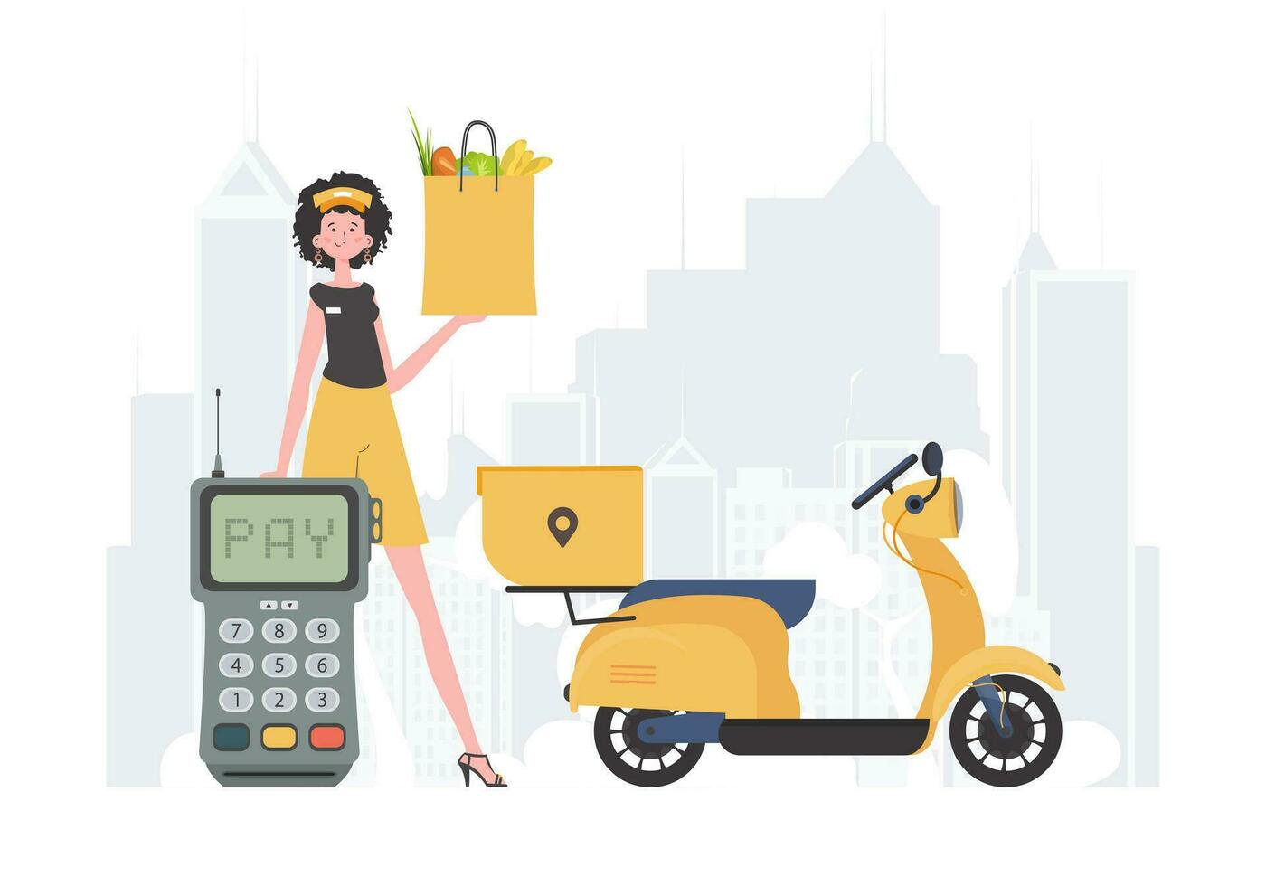 Delivery concept. A woman is holding a bag of food. Cartoon style. Vector. vector