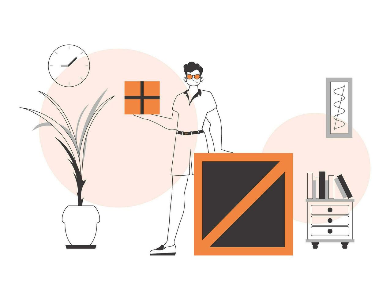 The man is holding a parcel. Parcel delivery concept. Linear style. vector