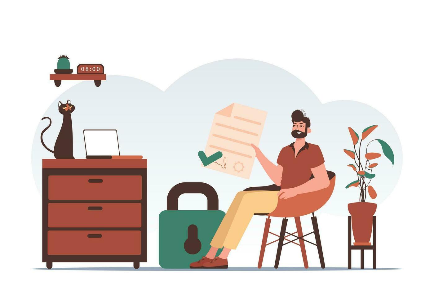 Data protection concept. Smart contract. A man sits in a chair and holds a document in his hands. Trend style character. vector