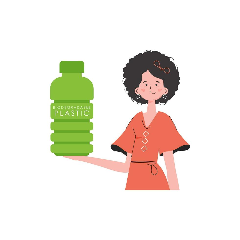 A woman holds a bottle made of biodegradable plastic in her hands. The concept of ecology and care for the environment. Isolated. Fashion trend illustration in Vector. vector