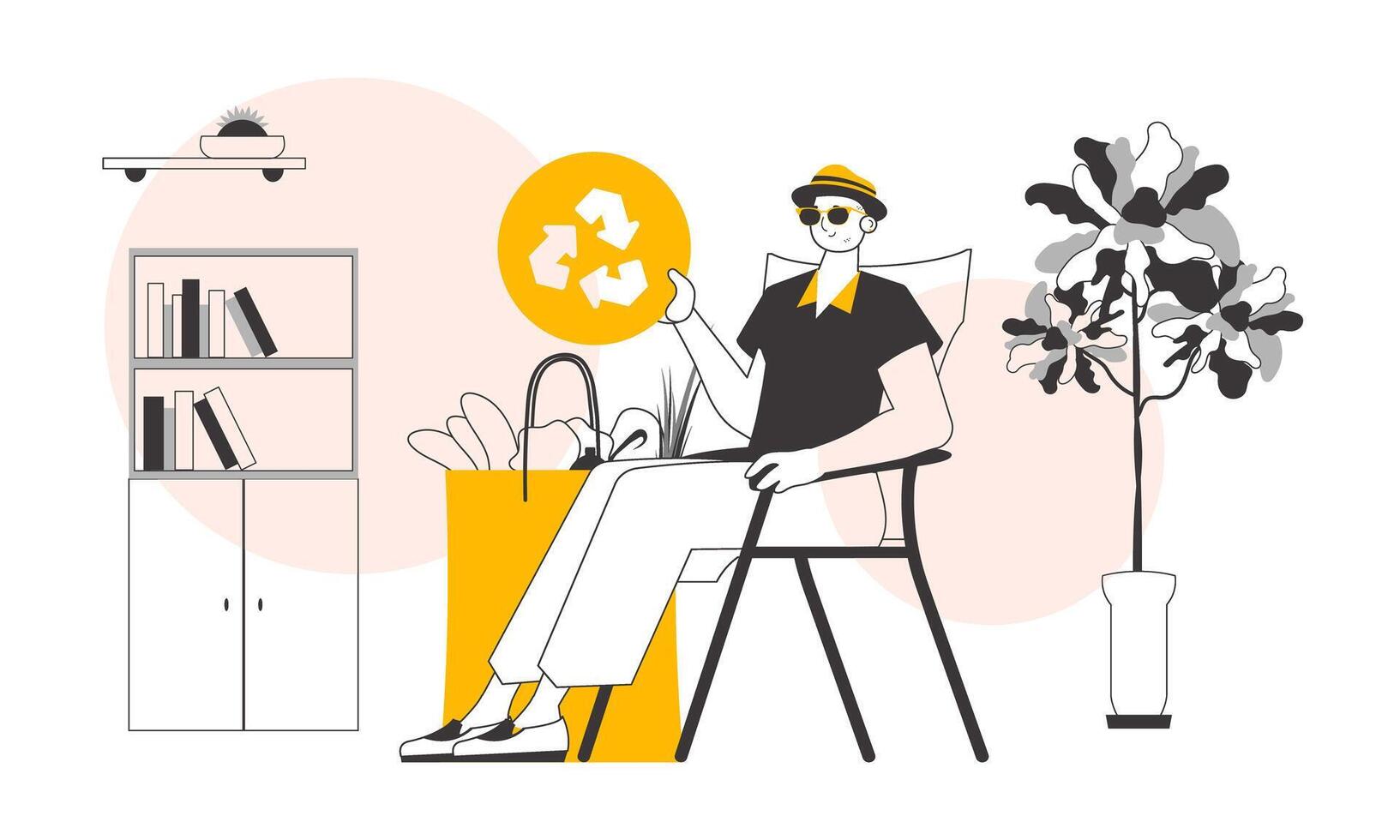 The concept of reasonable consumption. Boy, package with products and eco logo. Linear style. vector