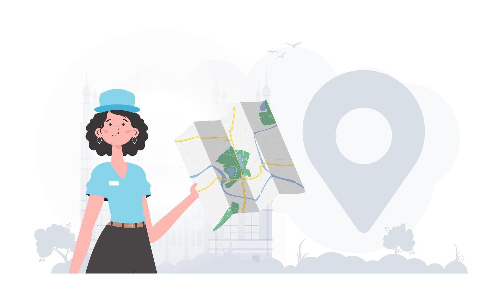 The girl is holding a map. The character is depicted to the waist. . vector