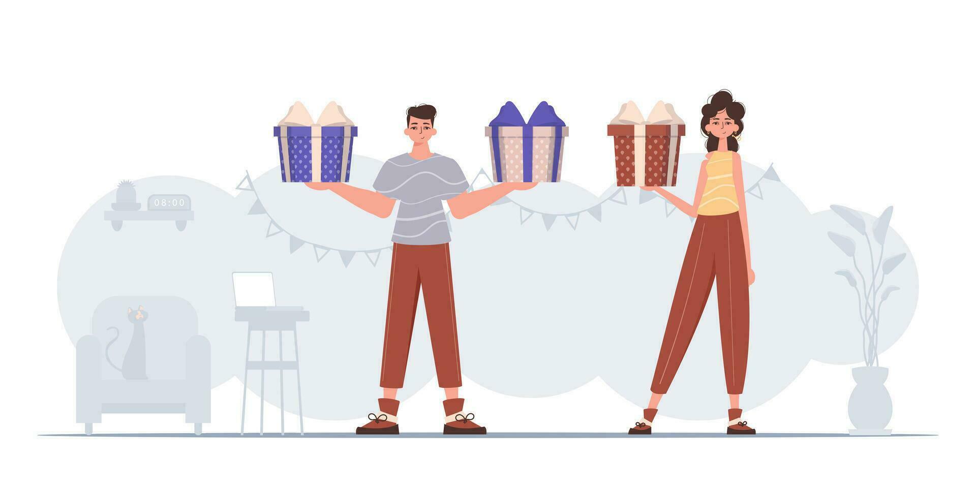 un hombre y un mujer son participación un festivo regalo caja en su manos. el concepto de fiesta saludos para San Valentín día. vector