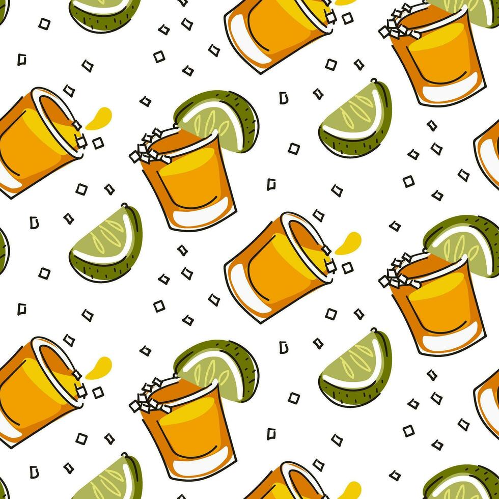 A pattern from a shot of tequila with lime and salt. Color seamless vector pattern of tequila glasses on a white background. Abstract, cartoon image with an alcoholic drink printing on textiles, paper
