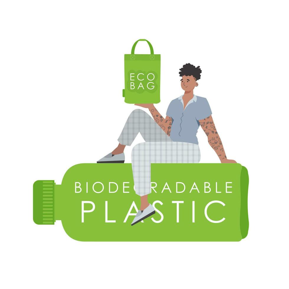 A man sits on a bottle made of biodegradable plastic and holds an ECO BAG in his hands. Concept of green world and ecology. Isolated on white background. Fashion trend illustration in Vector. vector