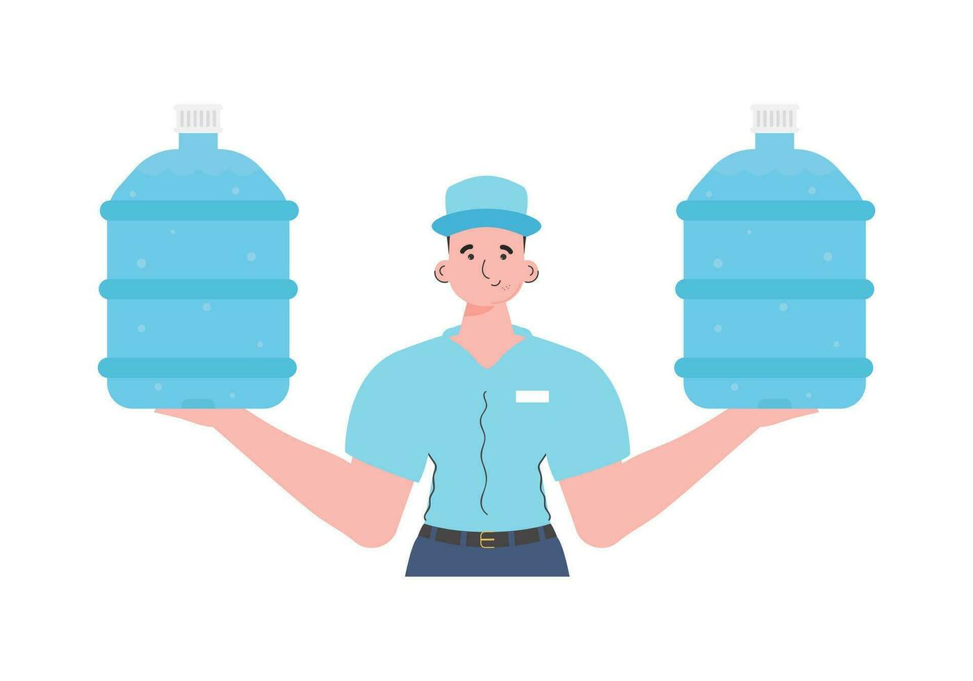 un hombre es participación un botella de agua. entrega concepto. dibujos animados estilo personaje es representado a el cintura. aislado en blanco antecedentes. vector. vector