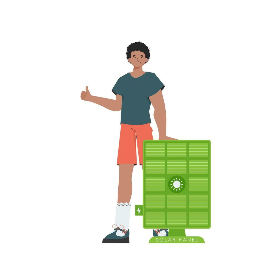 The guy is standing near the solar panel. Green energy concept. Isolated. Vector illustration.