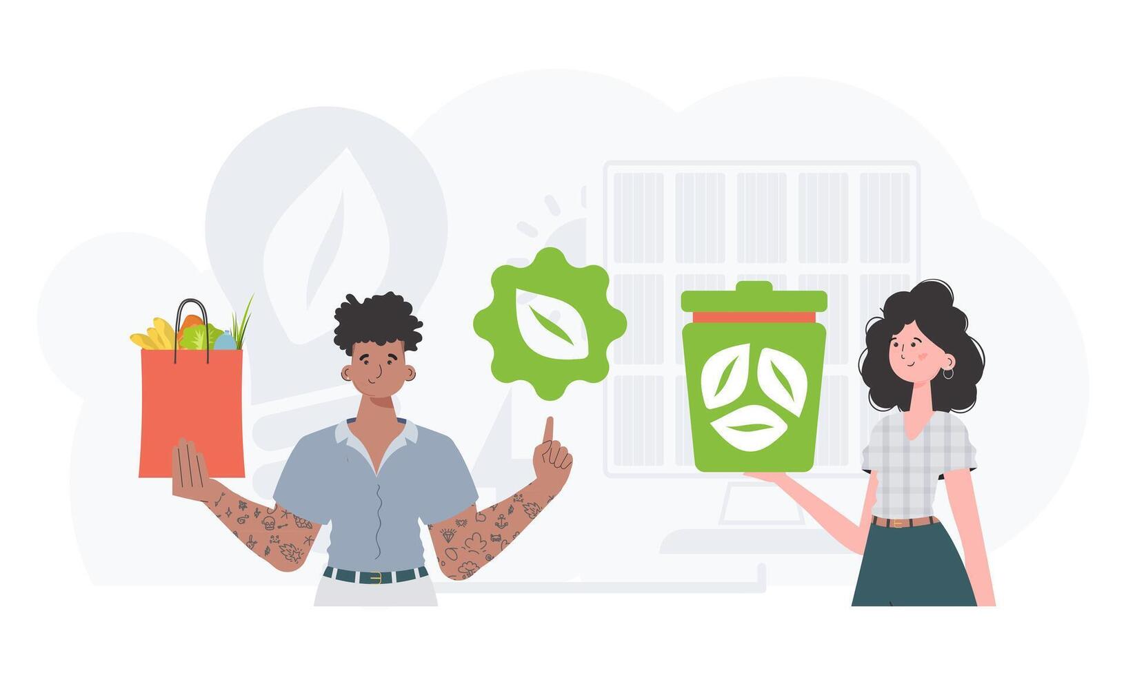 Concept of green world and ecology. EKO is a team of people who care about the environment. Trend style. illustration. vector