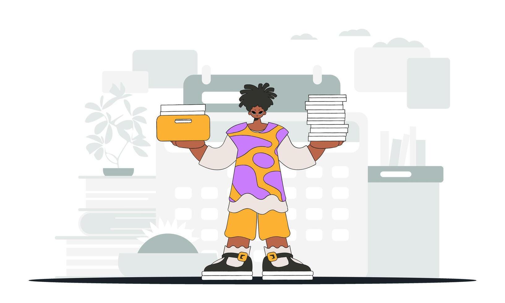 A graceful man holds stacks of documents in his hands. Graphic illustration on the theme of tax payments. vector
