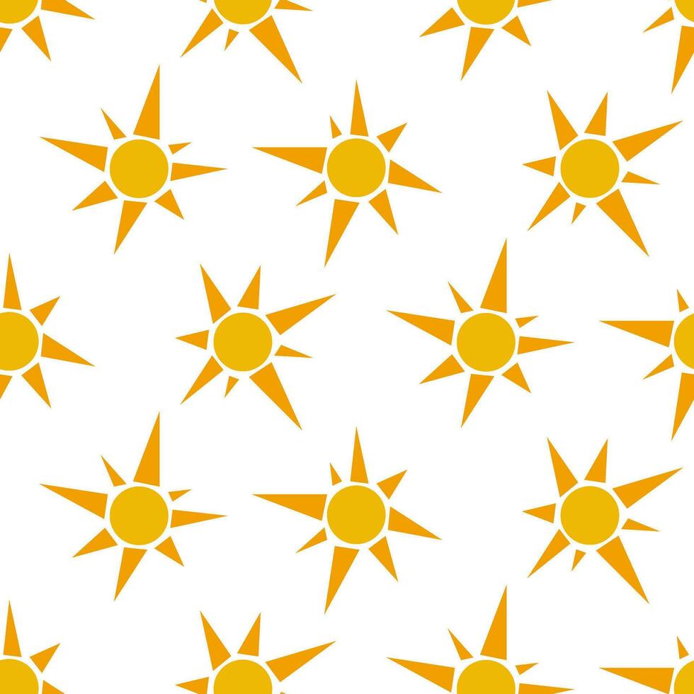 Vector hand-drawn seamless pattern, sunny background, sunny drawings isolated on white background, yellow geometric elements, sunrise, nature background. Packaging, label of products from the sun