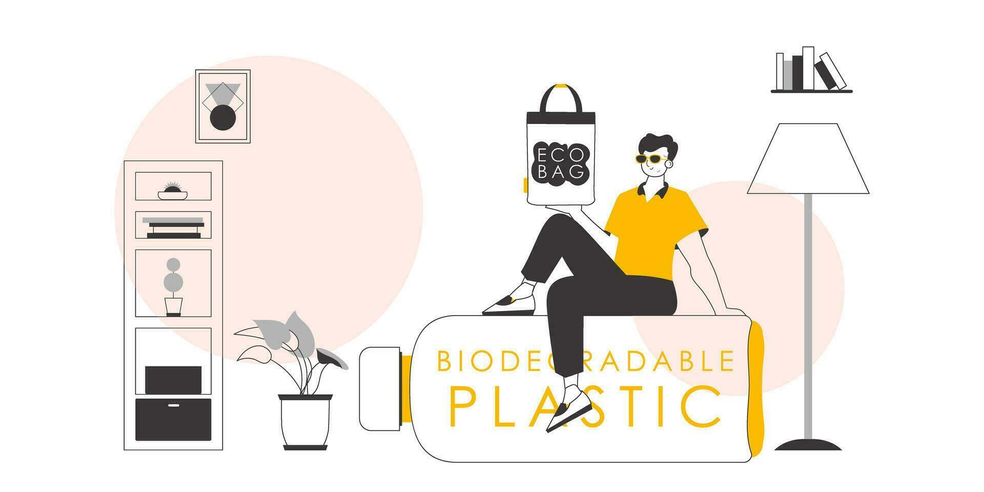 el concepto de ecológico pantalones y el plastico. el chico es participación un eco paquete en su manos. arte lineal estilo. vector