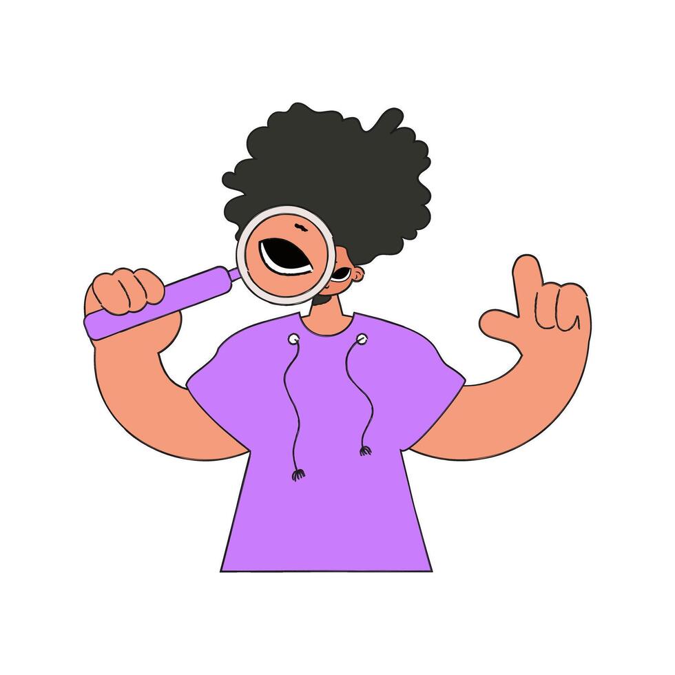 The guy is holding a magnifying glass in his hands. Search for information. Retro style character. vector