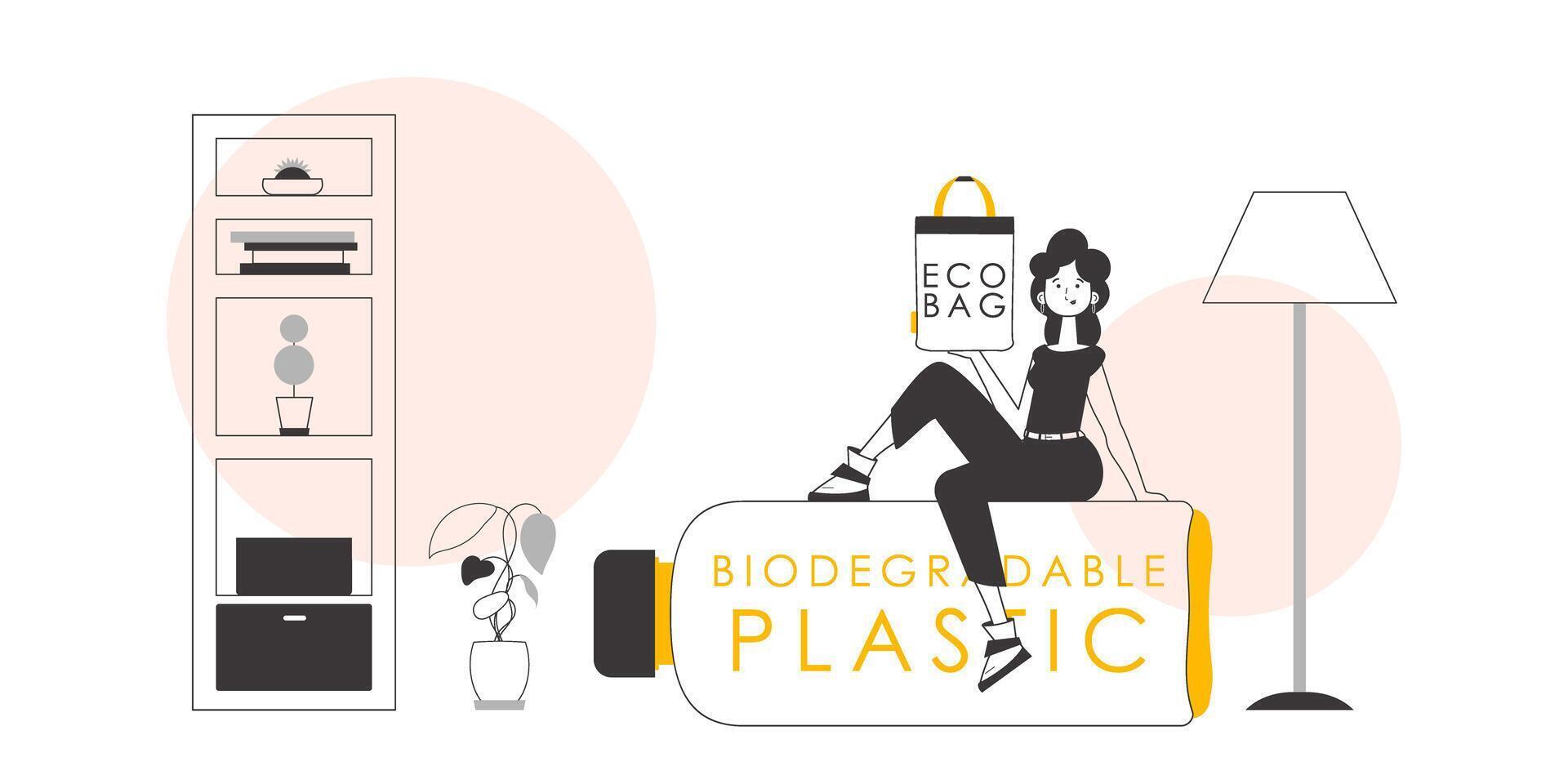 Ecology conservation concept. A woman holds an eco-package in her hands. Linear trendy style. vector