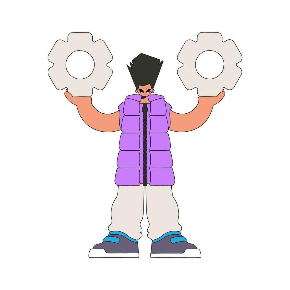 A presentable man holds gears in his hands. Idea theme. vector