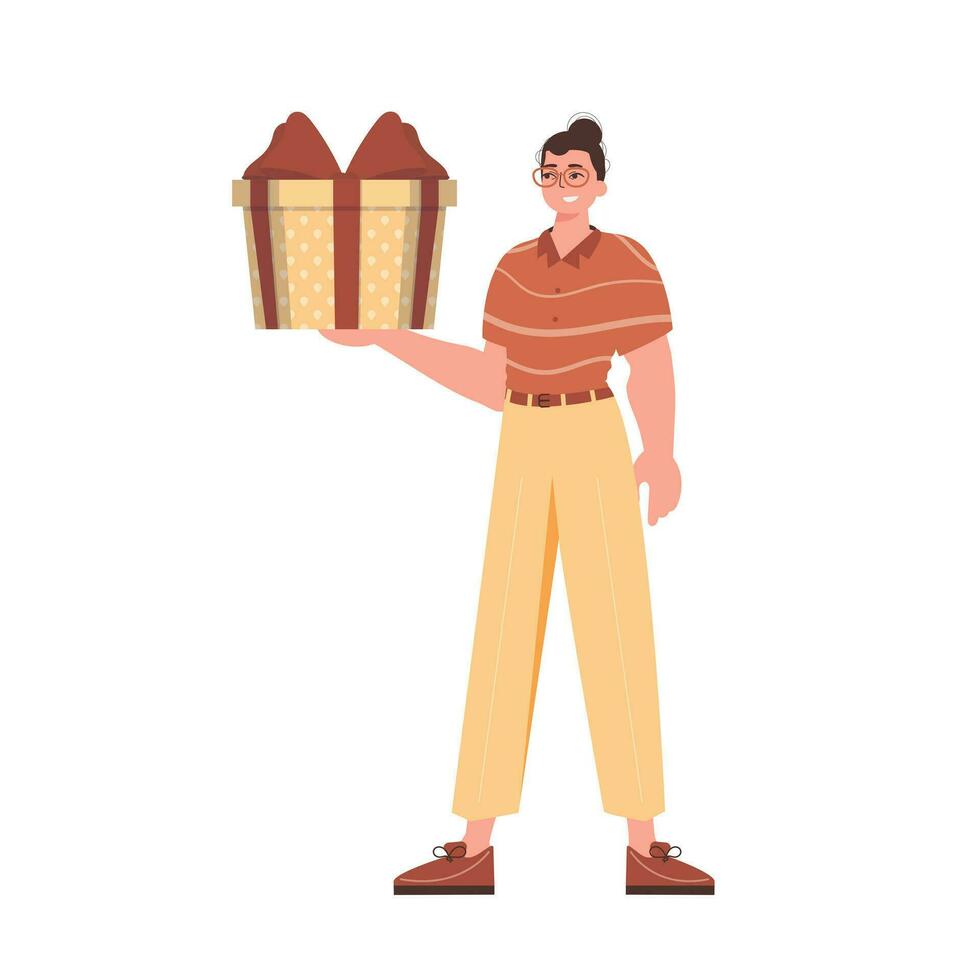 un hombre sostiene un festivo regalo caja en su manos. moderno plano vistoso vector ilustración.