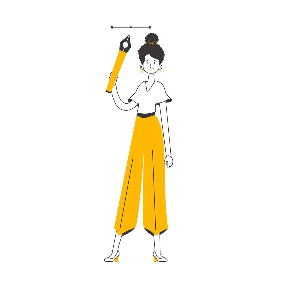 The girl designer holds a pen tool for 2D graphics in her hand. Line art style. Isolated on white background. . vector
